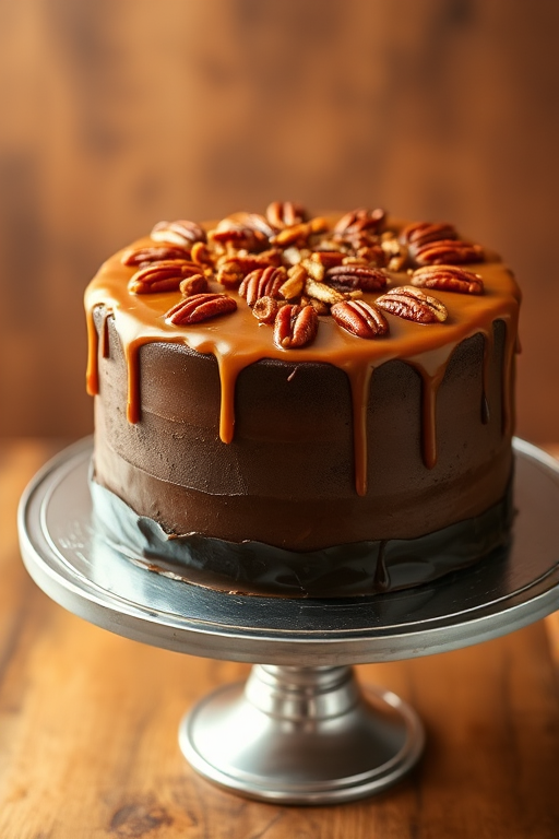 A beautifully decorated chocolate cake topped with caramel sauce and sprinkled with chopped pecans on a silver cake stand against a warm background.