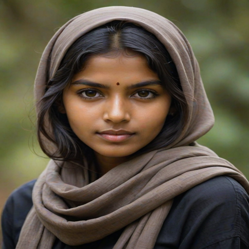 Create a portrait of a young Sri Lankan woman with long, dark hair and captivating hazel eyes. She is wearing a dark headscarf and a matching scarf draped gracefully around her neck. The background is softly blurred, focusing attention on her serene and natural expression. The overall color palette is muted and warm, enhancing the intimate and authentic feel of the portrait.