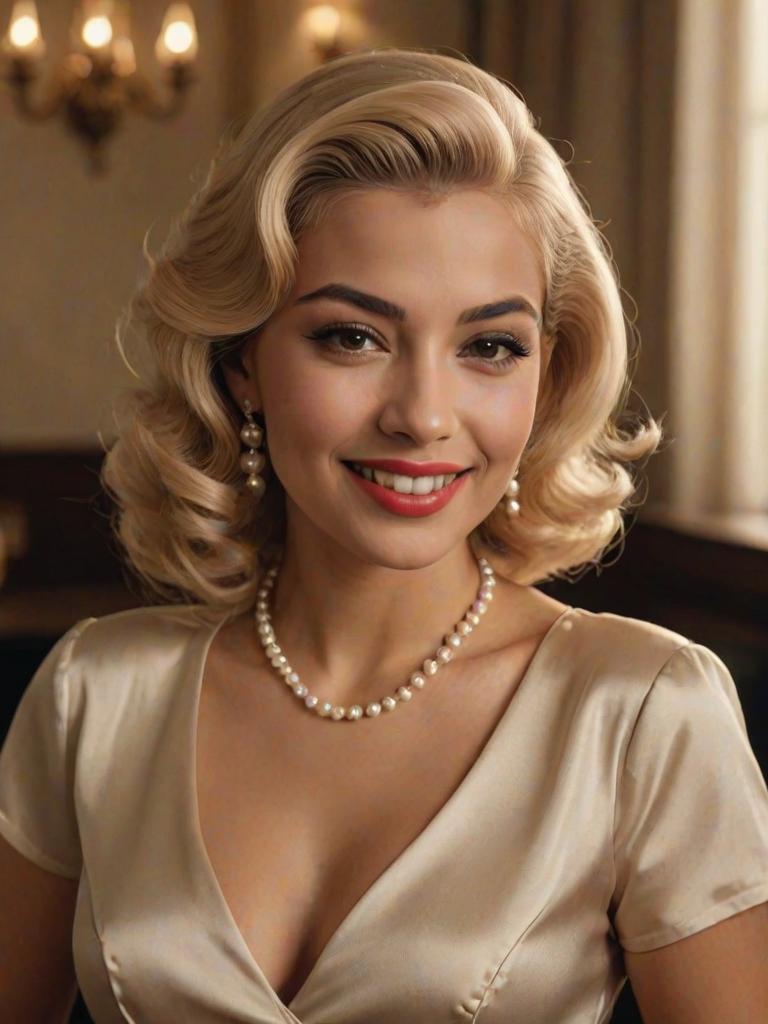 A beautiful Latino woman reminiscent of 1950s Hollywood glamour, with perfectly styled blonde hair and a seductive smile, dressed in a satin blouse and adorned with pearls, soft and warm tones, photorealistic, 8K