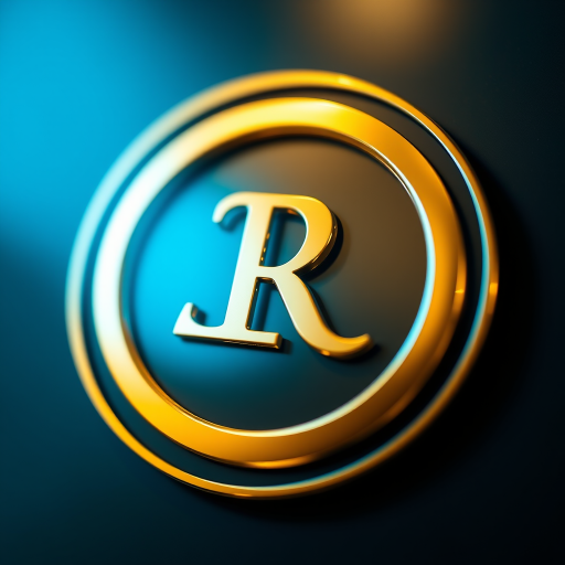 create a high-resolution image of a shiny golden circular logo with a stylized letter in the center, shot with a Canon EOS R5 at f/2.8, ISO 100, 1/200 sec, using a macro lens from a frontal view with a soft bokeh background to enhance depth and focus on the logo.