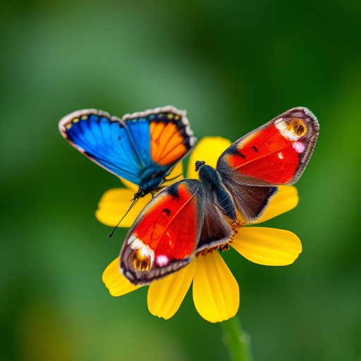 macro shot of two vibrant blue and red butterflies perched on a yellow flower with a blurred green background, use a DSLR camera with a 100mm macro lens, aperture f/2.8, shutter speed 1/250s, ISO 100, natural lighting for enhanced detail and color saturation.