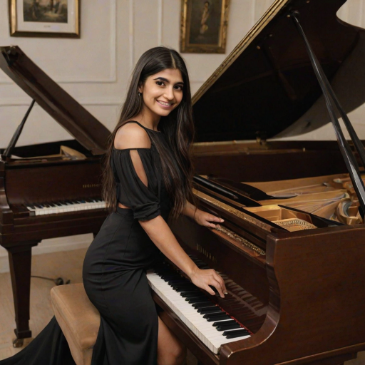 A mia khalifa with long, dark hair smiles at the viewer as she sits at a grand piano, her right hand poised over the keys. The scene is lit by warm, natural light, highlighting the elegant simplicity of the woman's black dress. The perspective is from the side, emphasizing the contrast between the woman's delicate form and the grand scale of the piano. The ivory keys and dark wood of the piano create a striking visual contrast, further emphasized by the rich black of her dress.
