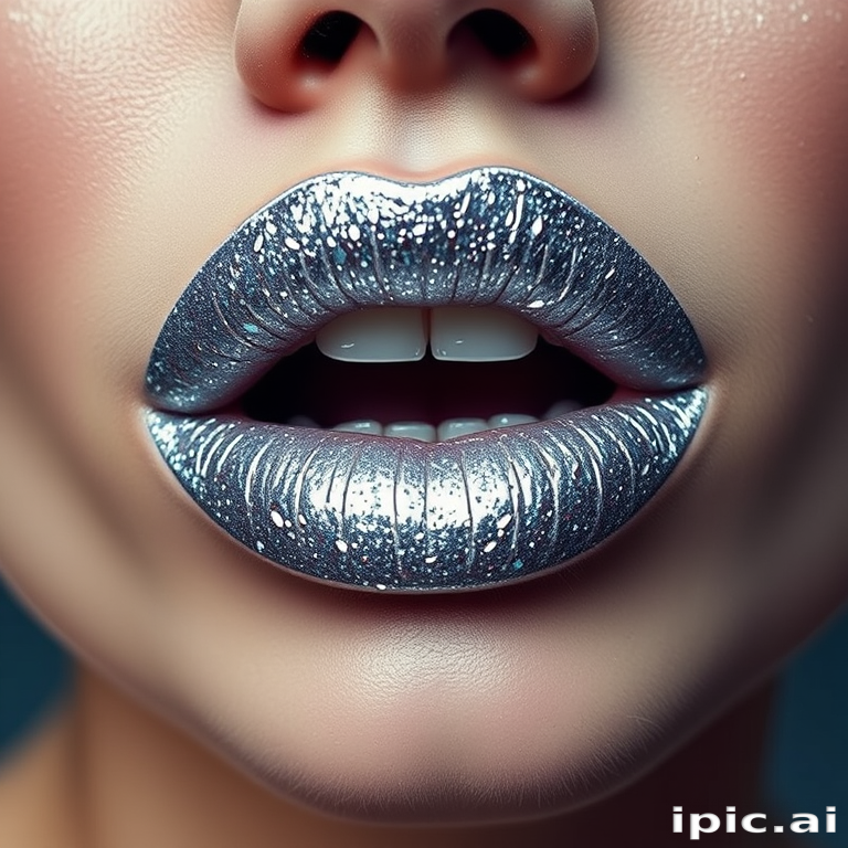 Glittery silver lips with a futuristic, space-age vibe, perfect for avant-garde fashion shoots or editorial makeup looks