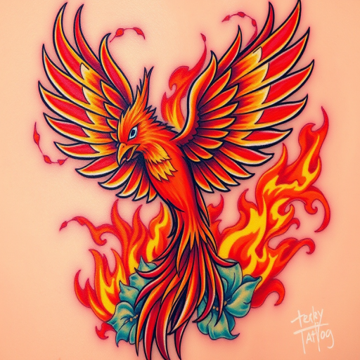 Powerful "Phoenix Rising" tattoo depicts a majestic firebird emerging from vibrant flames. Rich reds, oranges, and golds create a sense of heat and rebirth, while touches of turquoise and purple add depth and interest. Intricate feather details and swirling smoke effects showcase the artist's skill in creating a dynamic and symbolic piece.