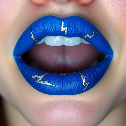 Electric blue lips with lightning bolt patterns in silver, named "Thunderstruck," make a dramatic statement with a matte finish and subtle glitter for edgy music festivals