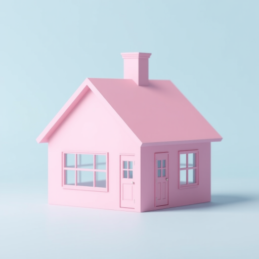 A minimalistic 3D model of a pink house with a chimney, large windows, and a door, set against a soft blue background, captured using a DSLR camera, focal length 50mm, aperture f/1.8, ISO 100, soft lighting, and a slightly elevated angle to enhance depth.