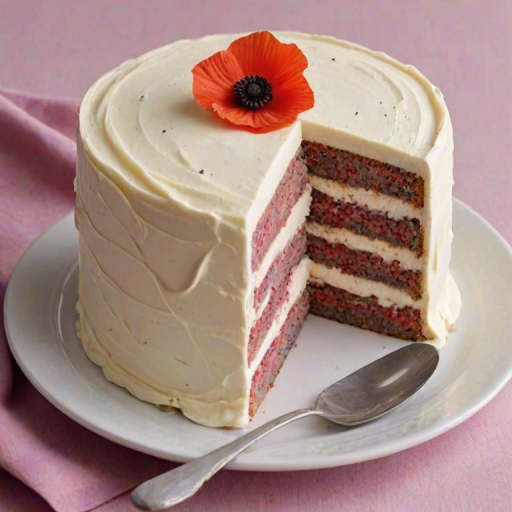 Generate an image of a layered cake with a light cream frosting. The cake should have a soft texture, with visible poppy seeds in the sponge layers. Between the layers, there should be a bright pink filling. The cake should be partially sliced to show the interior layers, with a clean, smooth presentation on a simple plate. The background should be neutral to highlight the cake.