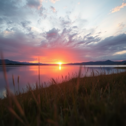 Create a high-resolution image of a serene landscape at sunset with vibrant colors, using a DSLR camera with a 50mm lens, aperture set to f/2.8, ISO 100, and a slightly blurred foreground for depth, capturing the golden hour light reflection on a calm lake, with a wide-angle perspective.