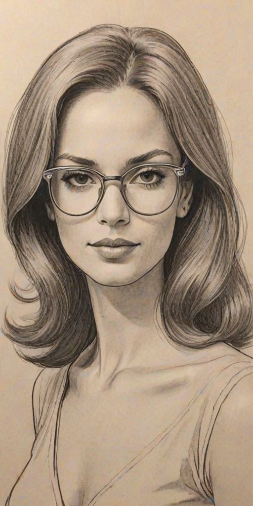 Lovely Cristina Milian, pencil sketch, portrait of Graceful woman 1970s in glasses, hair style beatnik, outline, clear lines, fine lines, 8k