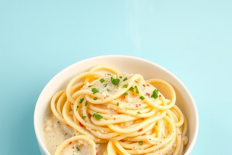 A bowl of creamy pasta with steam rising, garnished with green herbs and red spots, against a pastel blue background, shot with a DSLR camera at f/2.8, ISO 100, 50mm lens, natural light, in a top-down view.
