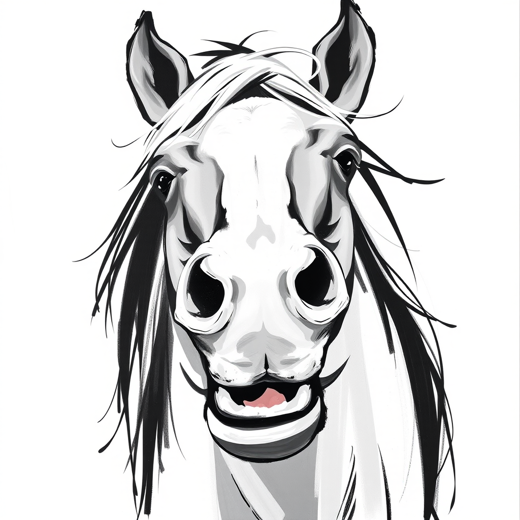 Abstract black and white acrylic portrait of an over exaggerated laughing (horse). Minimalism style. White background.