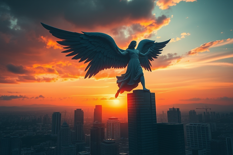 Create an epic scene of a giant angelic figure soaring over a modern cityscape at sunset, using a DSLR camera with a 24mm lens, aperture set at f/8, ISO 100, and a shutter speed of 1/200 sec, with a wide-angle view to capture the vastness of the landscape.
