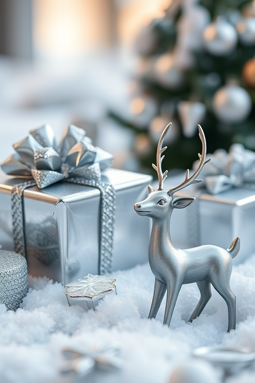 a close-up shot of silver Christmas gifts and a metallic reindeer figurine set on soft white snow, shallow depth of field, f/2.8 aperture, 50mm lens, natural soft lighting, DSLR camera