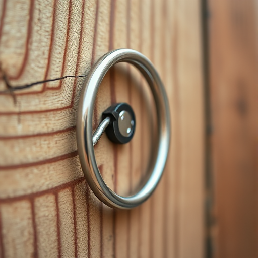 regenerate an image of a metal ring attached to a wooden surface, using a Canon EOS R5 camera with a 50mm lens, aperture set to f/1.8, ISO 100, shot from a close-up perspective, with soft natural lighting to enhance texture and detail.