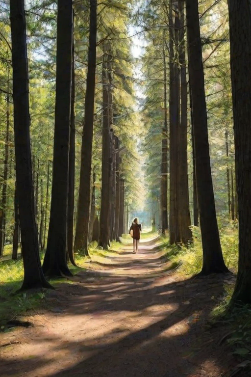 Shady forest trail, towering trees casting long shadows on the path, with a woman walking her dog, the two of them quietly enjoying nature.