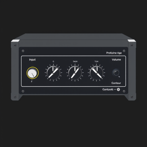 Generate a high-resolution vector illustration of a guitar amplifier control panel, featuring labeled knobs for input, volume, gain, tone, and contour, set against a dark background, with a clean view, using a digital drawing tablet and vector graphic software.