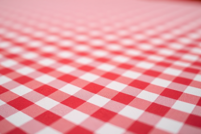 a close-up shot of a red and white checkered tablecloth, focus on fabric texture, natural lighting, aperture f/2.8, ISO 100, 50mm lens, DSLR camera