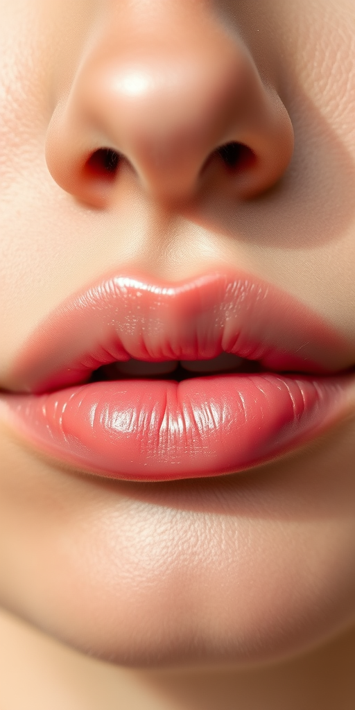 Soft rose-petal lips with a natural dewy sheen, delicately shaped and subtly enhanced, embodying effortless beauty and youthful radiance