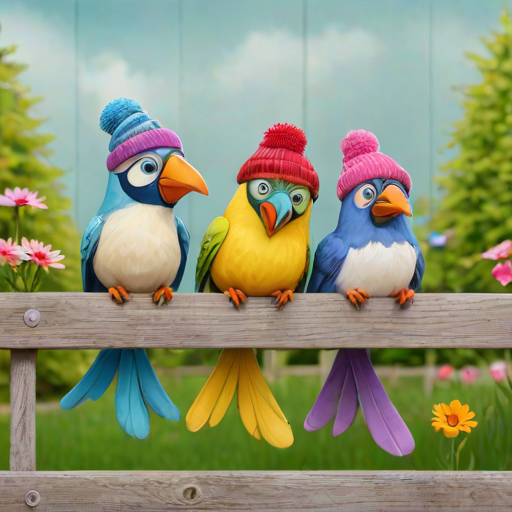 create a scene of 4 quirky  whimsical colourful comical birds each with a funny expression. they are sat on a wooden fence with colourful flowers. they are all different sizes. each one is a different colour  one is wearing a woolly hat. Each one has a different quirky google expression and there is a muted background of trees watercolour paintierly style high definition 8k resolution 3D paper mache
