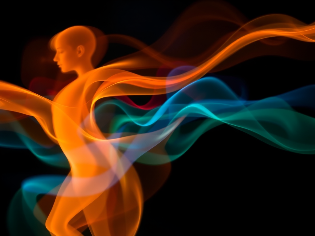 Create an abstract image of a fluid, dynamic figure with flowing lines and vibrant colors on a dark background, using a DSLR camera with a 50mm lens, f/1.8 aperture, ISO 200, shot in low light with a long exposure to capture motion blur.