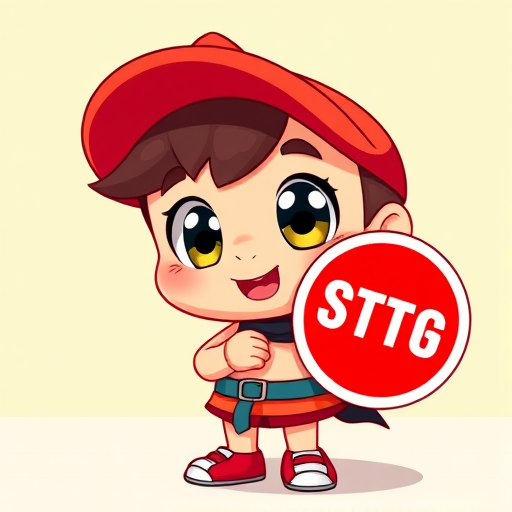 Create a vibrant cartoon image of a cute character holding a stop sign with large expressive eyes and a blank speech bubble, using a Canon EOS R5 camera with a 50mm lens, aperture set to f/1.8, ISO 100, and a vibrant color profile to enhance the overall quality and clarity.