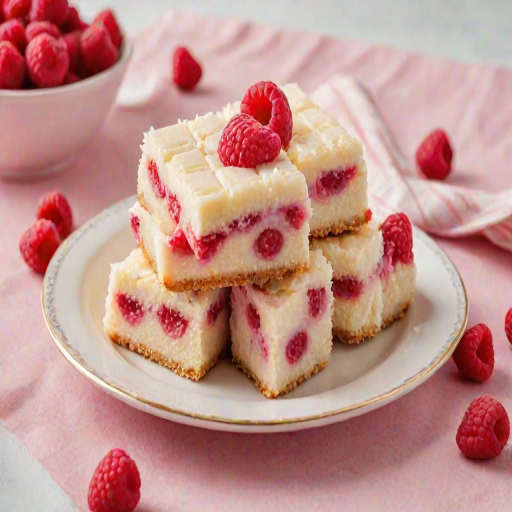 Create an image of a plate filled with pink coconut squares. Each square has a creamy filling and fresh raspberries peeking out. The plate should have a light pastel background, emphasizing the sweet and colorful dessert.