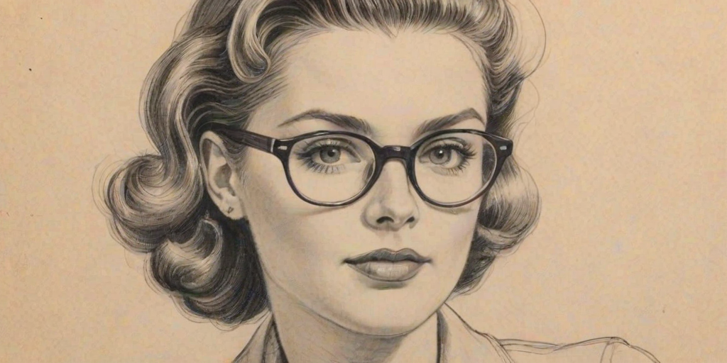 Fascinating Robyn, pencil sketch, portrait of Superb woman 1946s in glasses, hair style beatnik, outline, clear lines, fine lines, 8k