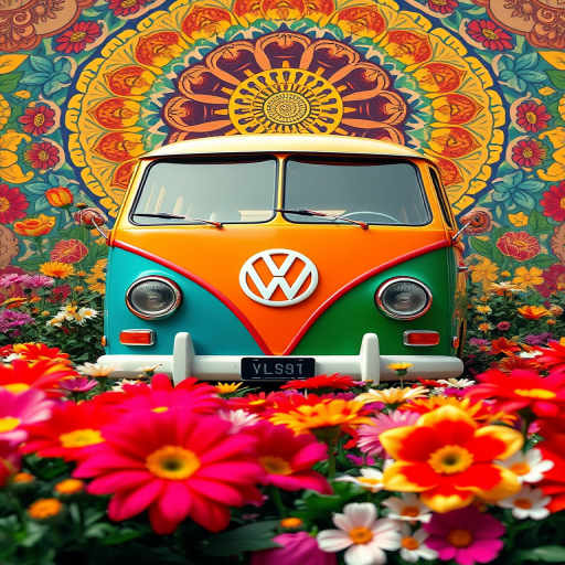 A vibrant VW van surrounded by a burst of colorful flowers, with intricate patterns in the background, shot with a DSLR camera at f/2.8 aperture, ISO 100, 50mm lens, using a wide-angle perspective to capture depth and detail.