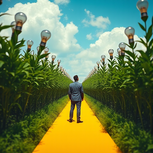 A businessman standing on a yellow path in a green landscape, looking up at large light bulbs growing from plants under a blue sky with fluffy clouds, shot with a Canon EOS R, 35mm, f/2.8, ISO 100, natural light, sharp focus on the foreground.