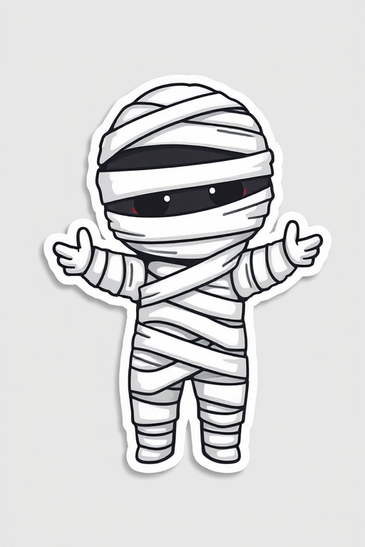 create a kawaii Mummy wrappings sticker, 3d digital art, grey background, sticker line weight