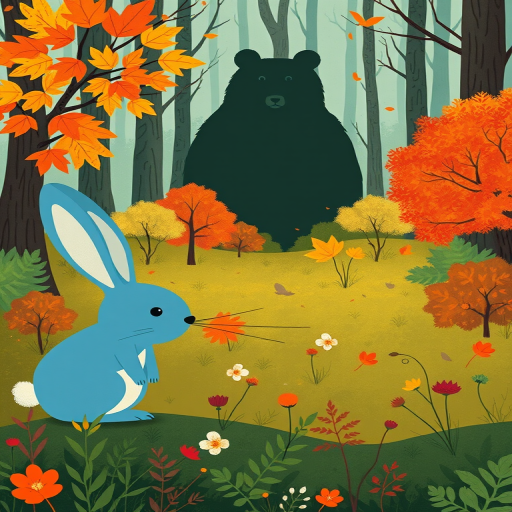 a whimsical forest scene featuring a large blue rabbit in the foreground, colorful autumn leaves on the trees, a mysterious silhouette of a bear in the background, and stylized plants scattered throughout the landscape