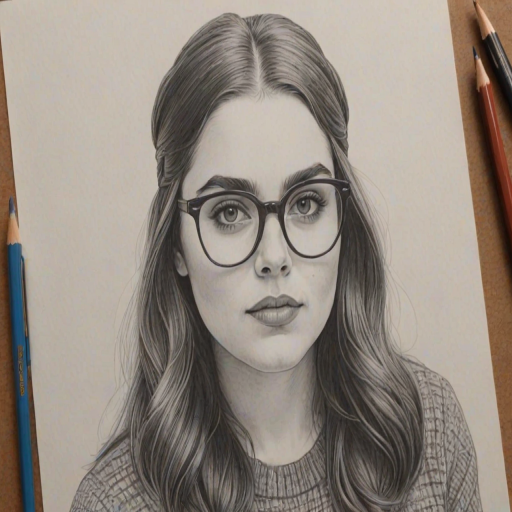 Magnificent Beanie Feldstein, pencil sketch, portrait of Stunning woman 1968s in glasses, hair style beatnik, outline, clear lines, fine lines, 8k