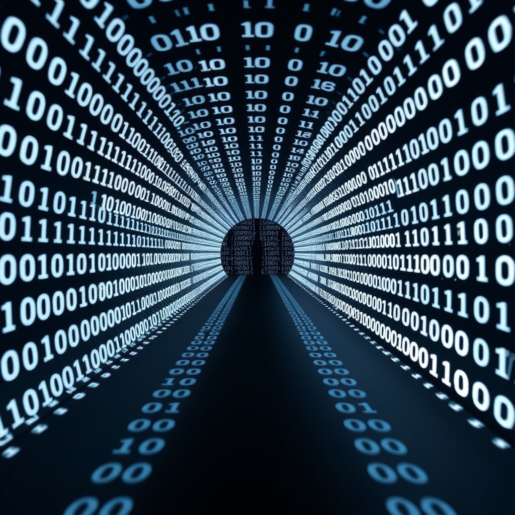 Create an image of a tunnel made of binary code with ones and zeros receding into the distance, shot with a 50mm lens, f/1.8 aperture, ISO 100, 1/125 sec, in a straight-on perspective, using a digital camera for high clarity and depth.