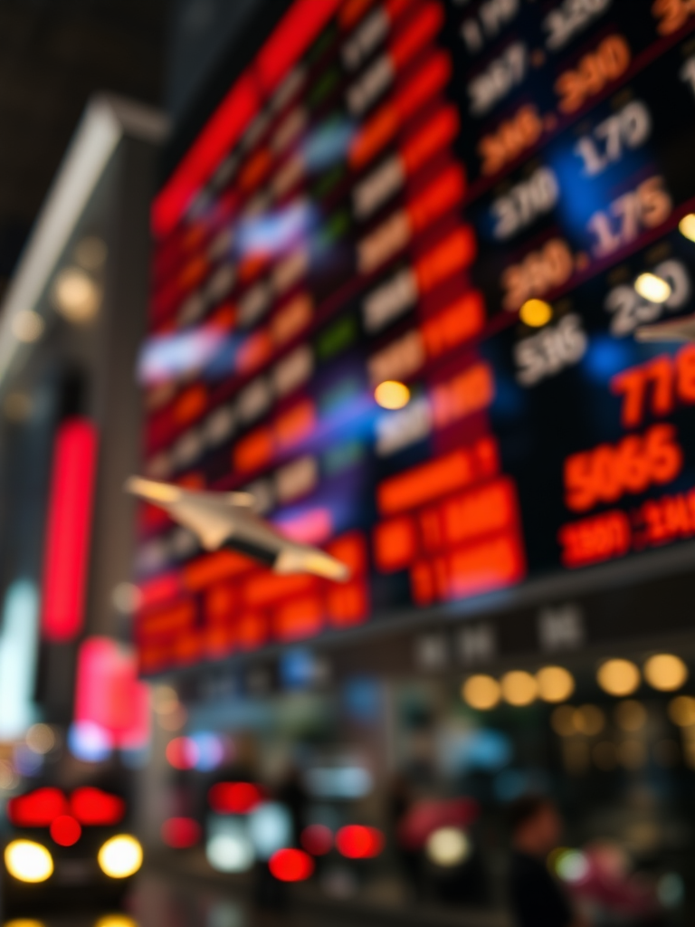 Create an abstract image of a stock market display with blurred numbers and bright city lights, using a DSLR camera, f/2.8 aperture, ISO 200, shutter speed 1/60s, shot from a low angle with a shallow depth of field.