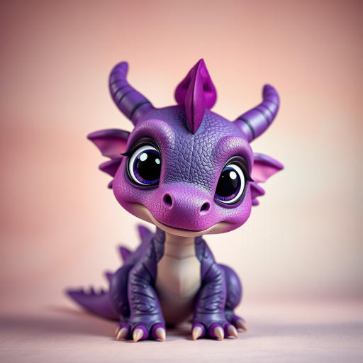 Create a cute, cartoonish purple dragon with large expressive eyes and detailed scales, against a soft pastel-colored background, shot with a DSLR camera at f/2.8, ISO 100, 50mm lens, in a studio lighting setup for enhanced image quality.
