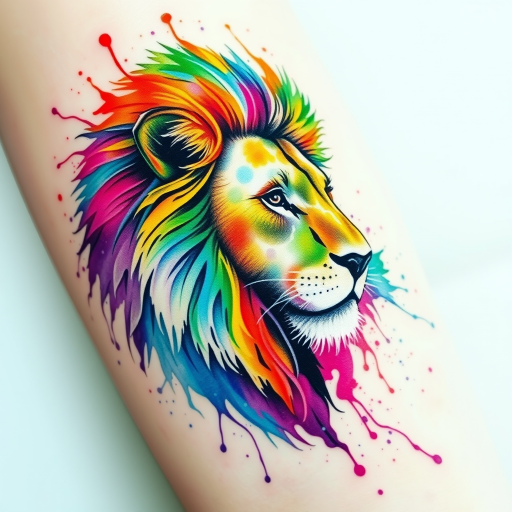 Watercolor splash tattoo depicting a majestic lion with a flowing mane of vibrant rainbow hues, seamlessly blending realism and abstract expressionism for a stunning artistic piece