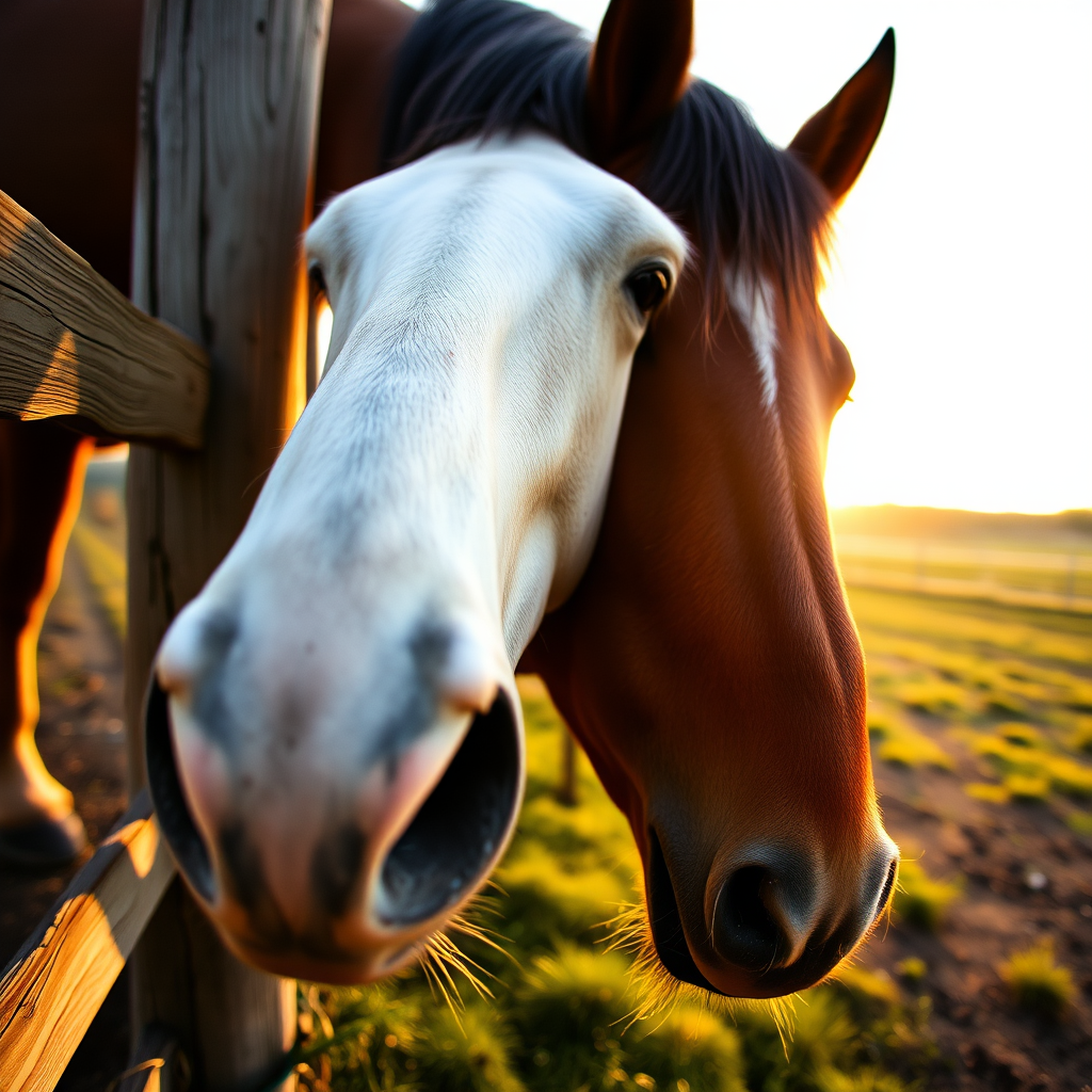 photograph a horse grazing near a wooden fence during golden hour with soft natural lighting, use a 50mm f/1.8 lens at f/2.8 for shallow depth of field, ISO 200, shutter speed 1/200, and capture from eye level to create an intimate perspective