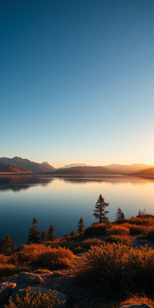 Create a high-resolution image of a serene landscape with mountains in the background and a calm lake in the foreground, shot with a DSLR camera, aperture f/8, ISO 100, 24mm lens, golden hour lighting for soft shadows and enhanced colors.