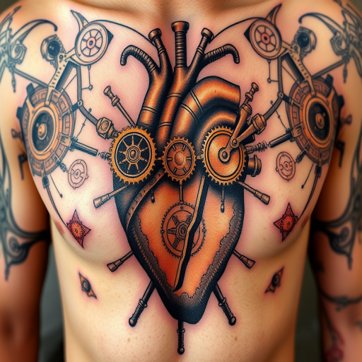 Steampunk tattoo named "Chrono Construct" featuring an intricate mechanical heart design with gears, pistons, and clockwork elements, accented with copper and brass tones, creating the illusion of a functioning steam-powered organ, suitable for chest, back, or upper arm placement