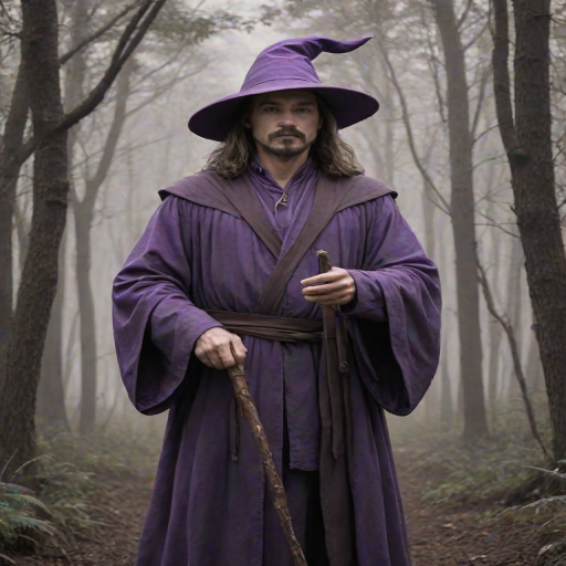 sketch, monochrome, greyscale, 1boy, solo, male focus, mature male, wizard, long hair, brown hair, black eyes, looking at viewer, hat, facial hair, beard, mustache, staff, wizard hat, purple hat, shirt, collared shirt, robe, purple robe, cloak, holding, holding staff, upper body, standing, outdoors, forest, nature, tree, fog, dark background