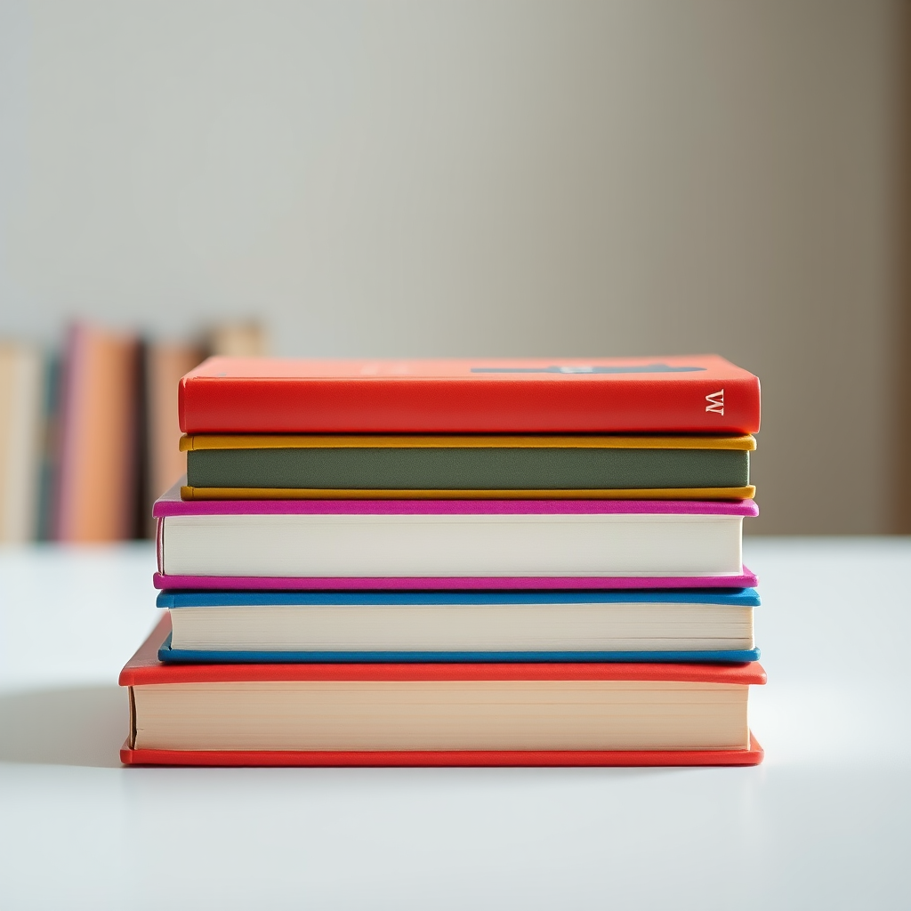 create an image of three stacked books with colorful spines in a flat design style, use a Canon EOS R5 camera with a 50mm lens, aperture f/2.8, ISO 100, natural lighting from the left, and a soft focus background to enhance image quality