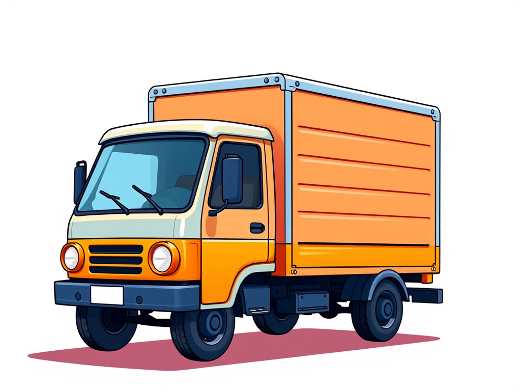 Create a detailed illustration of a cartoon-style delivery truck with a blue cab and an orange cargo box, using a bright color palette, captured with a DSLR camera at f/4.0, ISO 100, with a 50mm lens, in a vibrant, well-lit environment focusing on clear lines and smooth textures.