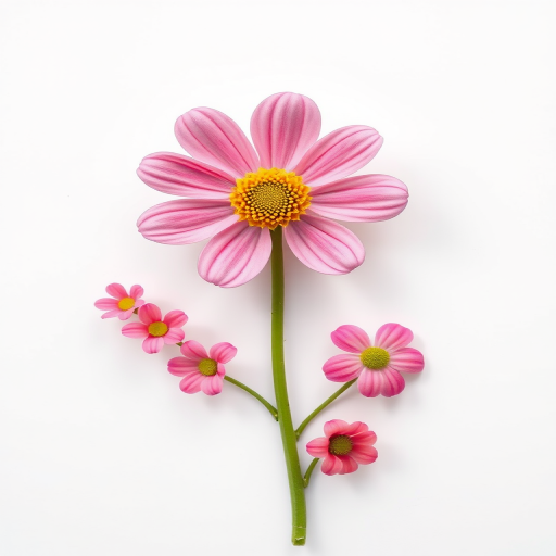 Create an image of a simple, whimsical floral design featuring a large pink flower with a yellow center and several smaller pink flowers along a green stem, include a white background, use a Canon EOS R5, aperture f/2.8, shutter speed 1/200s, ISO 100, top-down view, soft focus style for an artistic touch.