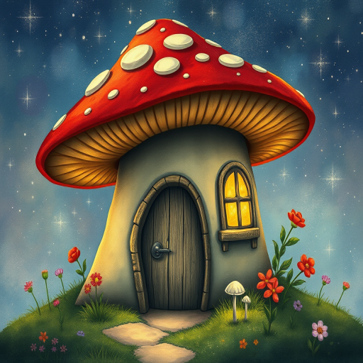 this picture is illustration of a mushroom house with a door and a window, a storybook , fantasy art, mushroom house, bg starry sky, sparkles