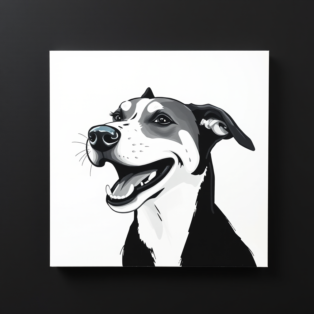Abstract black and white acrylic portrait of an over exaggerated laughing (dog). Minimalism style. White background.