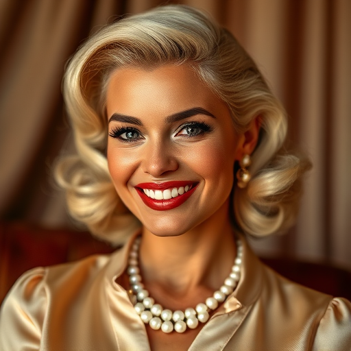 A beautiful Garifuna woman reminiscent of 1950s Hollywood glamour, with perfectly styled blonde hair and a seductive smile, dressed in a satin blouse and adorned with pearls, soft and warm tones, photorealistic, 8K