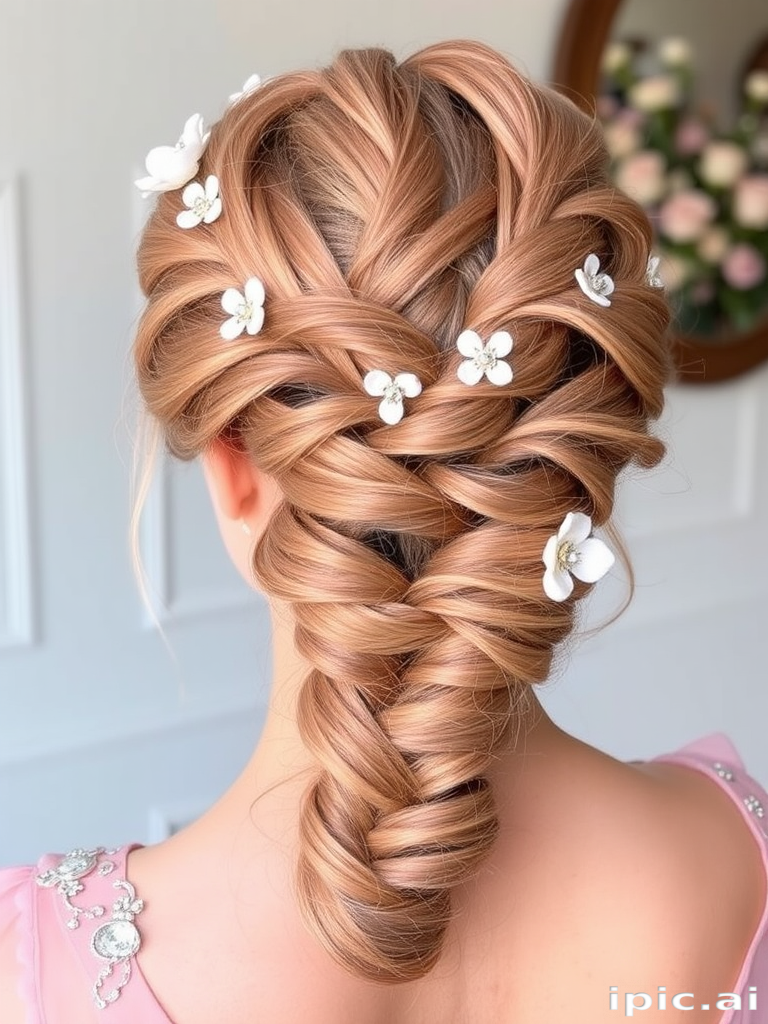 Romantic rose gold updo with intricate braids, called "Blushing Crown," incorporates delicate twists and turns adorned with tiny floral accessories