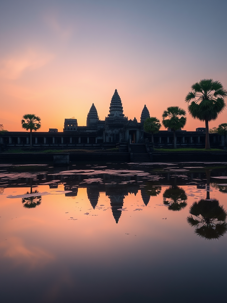 Capture a high-resolution image of Angkor Wat at sunrise, with a Canon EOS R5, 24mm lens, f/8 aperture, ISO 100, 1/60 second shutter speed, using a wide-angle view to include reflections in the water, enhancing colors and contrast for clarity.
