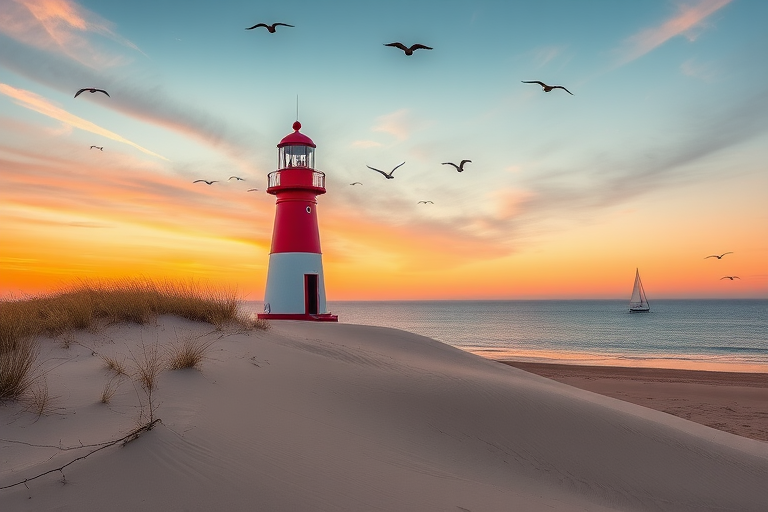 Create a serene landscape featuring a red and white lighthouse on a sandy dune with a calm sea reflecting the warm hues of a sunset, a sailboat in the distance, and birds flying overhead, captured with a DSLR camera, f/8 aperture, 1/200s shutter speed, ISO 100, wide-angle lens, and vibrant color saturation.