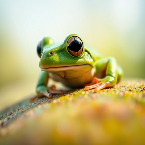 Create a high-resolution image of a vibrant green frog from a low-angle view with a macro lens, aperture set to f/2.8, ISO 100, and soft natural lighting for enhanced detail and clarity.